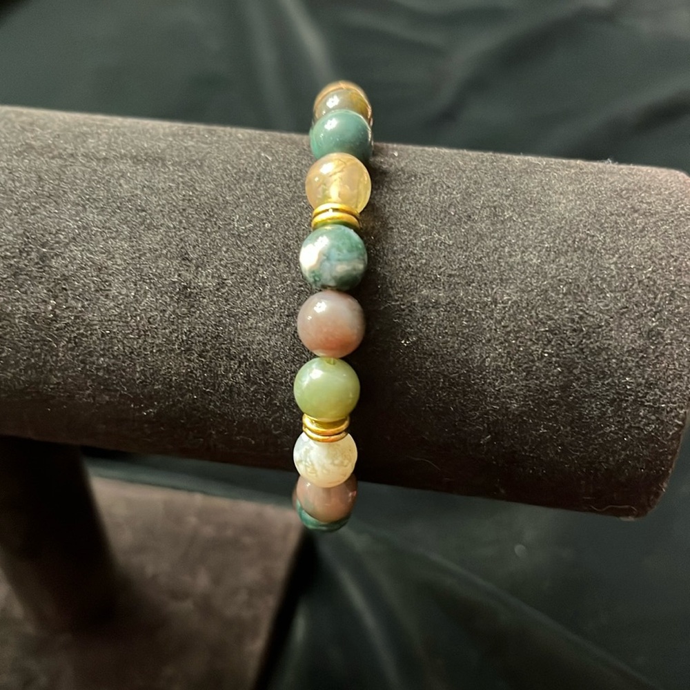 Multi-green Glass Beaded Bracelet W Double-banded Goldtone Spacers